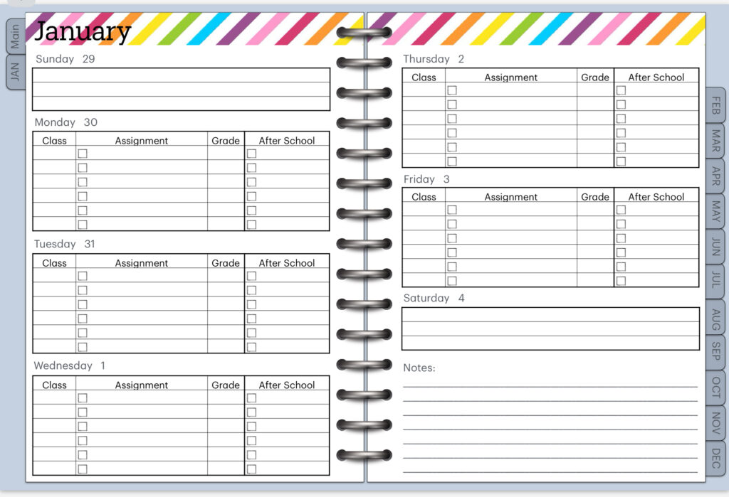 Rainbows Academic Weekly Page Layout