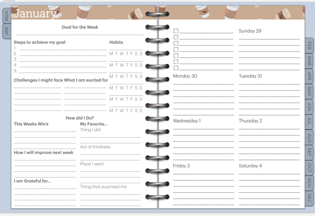 Cup of Coffee Goals Weekly Planner Page Layout